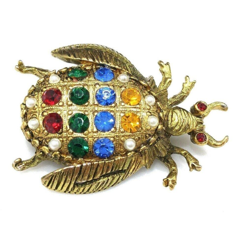 Vintage Insect Brooch, Multicolored Rhinestones, Faux Pearls, 1 1/4 Inches